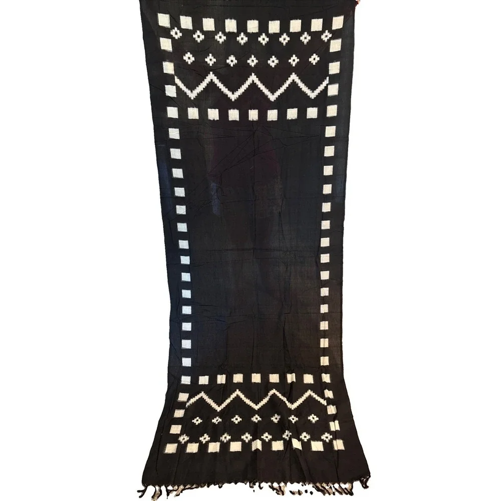 Black White Geometric Pure Cotton Ikat Dupatta Stole Wrap 88